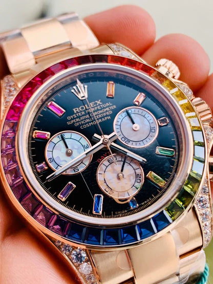 BLF Factory Rolex Daytona 116589RBOW YG Rainbow Crystal Best Edition Black Dial A4130